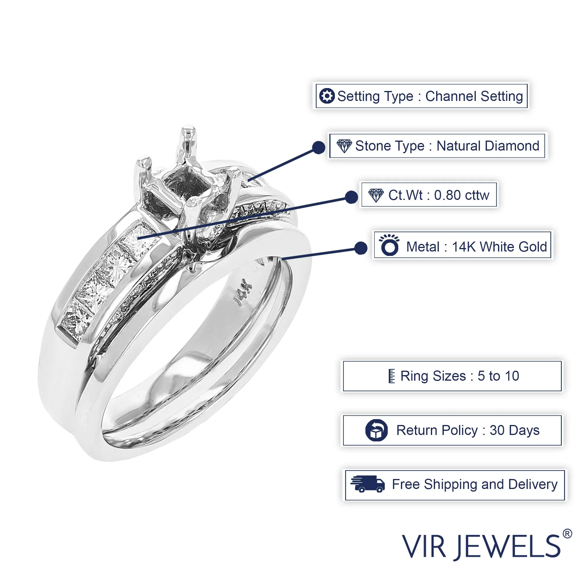 0.80 cttw Semi Mount Diamond Wedding Bridal Set 14K White Gold Princess