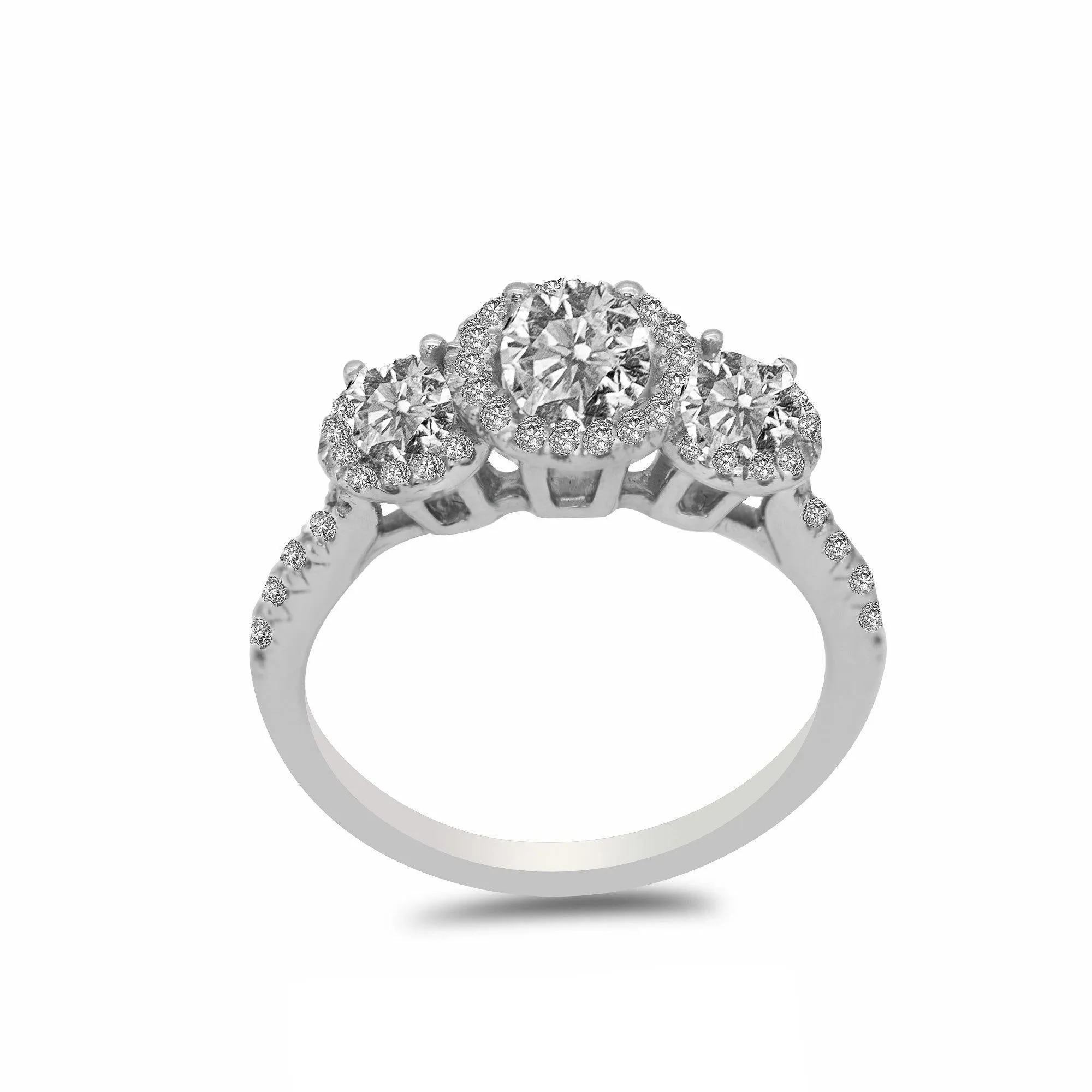 1.15CT Diamond Tri Stone Halo Engagement Ring Set in 14K White Gold