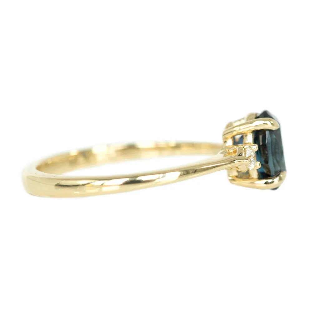 1.57ct Blue Oval Sapphire and Diamond Three Stone Ring in 14k Yellow Gold