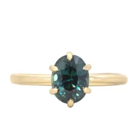 1.77ct Teal Oval Madagascar Sapphire Lotus Six Prong Solitaire in Satin 18k Yellow Gold