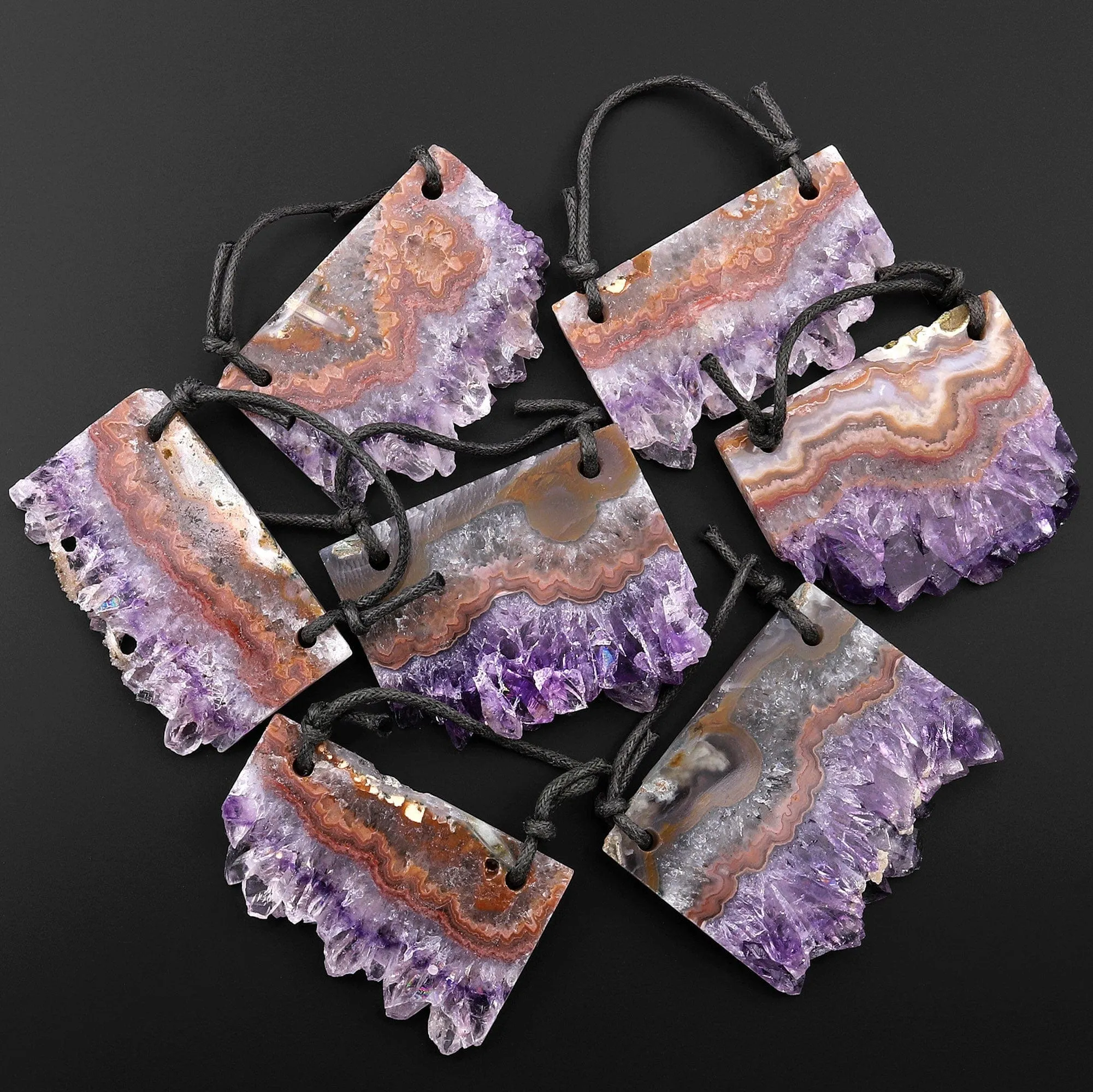 2 Hole Pendant Natural Amethyst Stalactite Druzy Pendant Drilled Flat Slice Long Rectangle