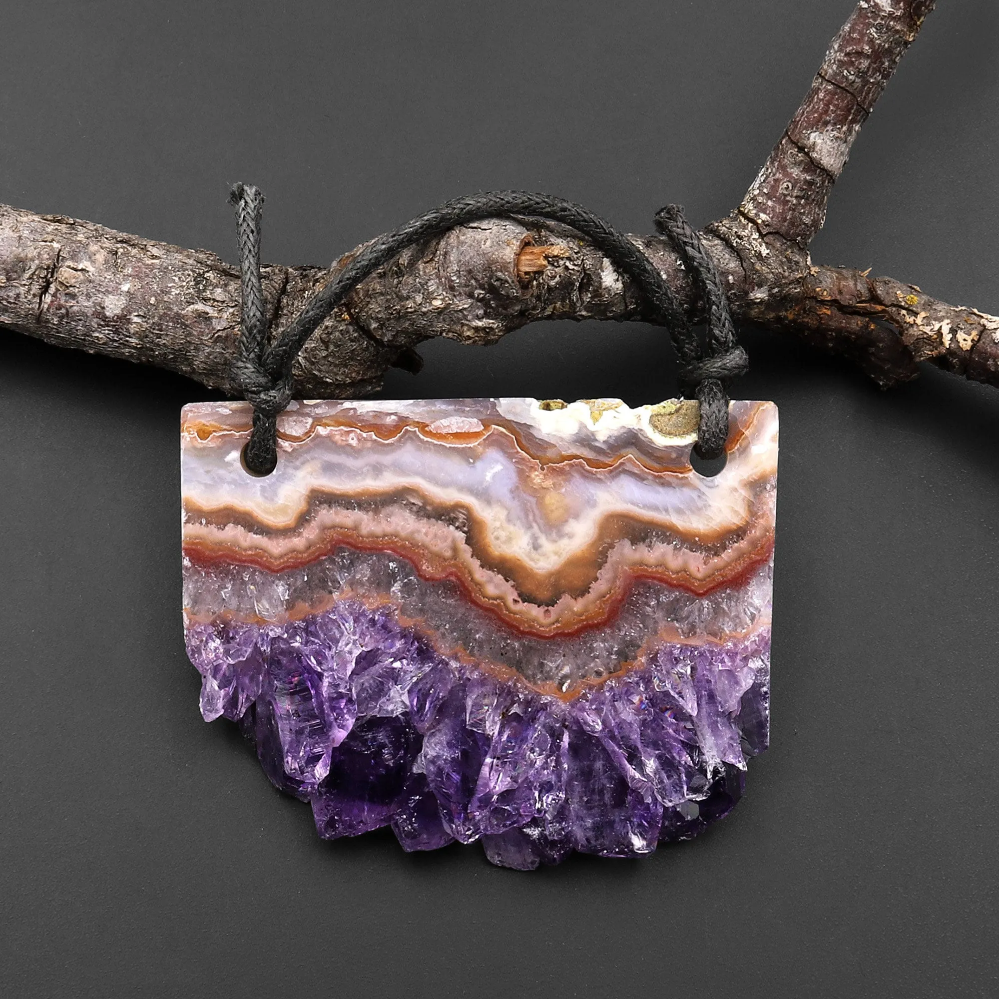 2 Hole Pendant Natural Amethyst Stalactite Druzy Pendant Drilled Flat Slice Long Rectangle