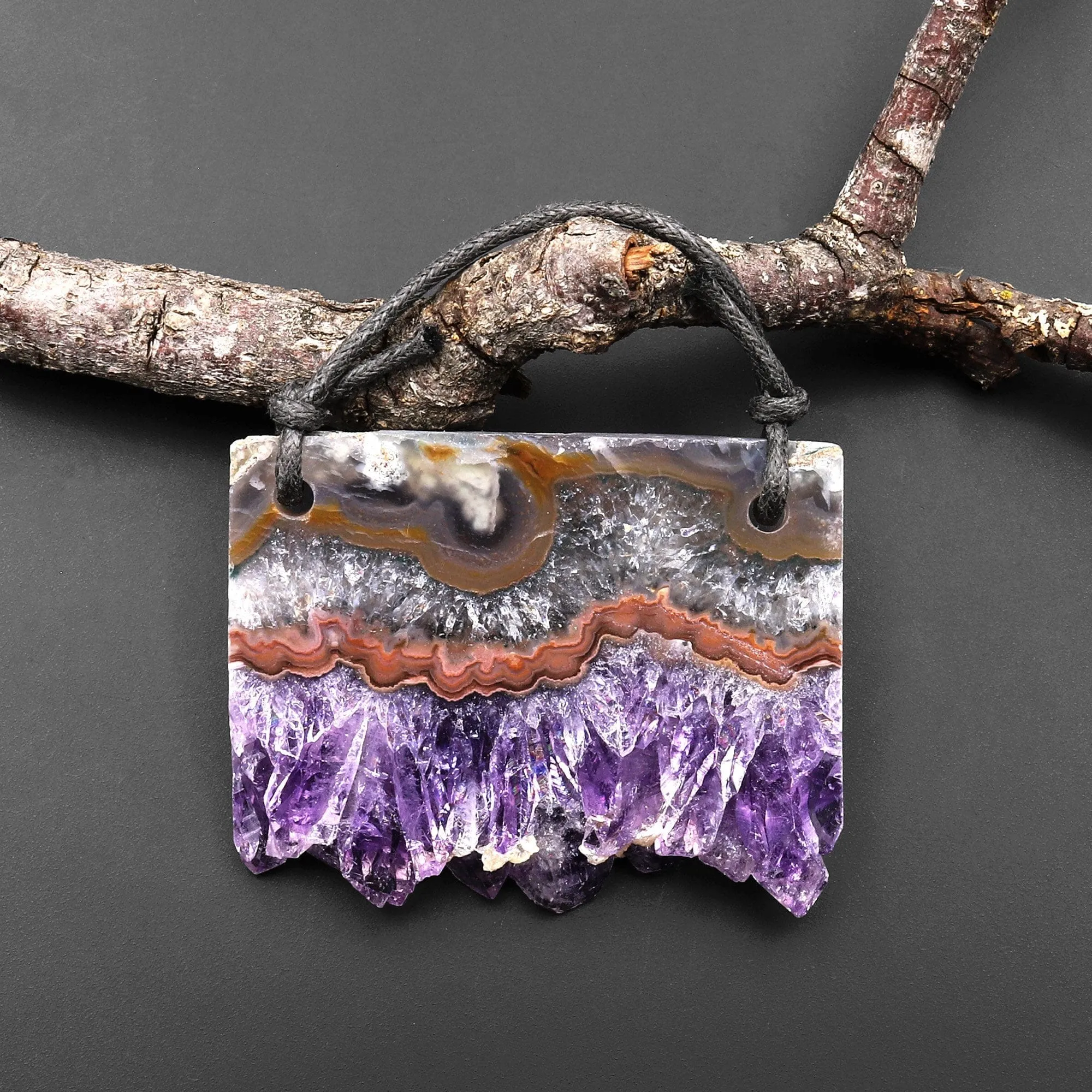 2 Hole Pendant Natural Amethyst Stalactite Druzy Pendant Drilled Flat Slice Long Rectangle