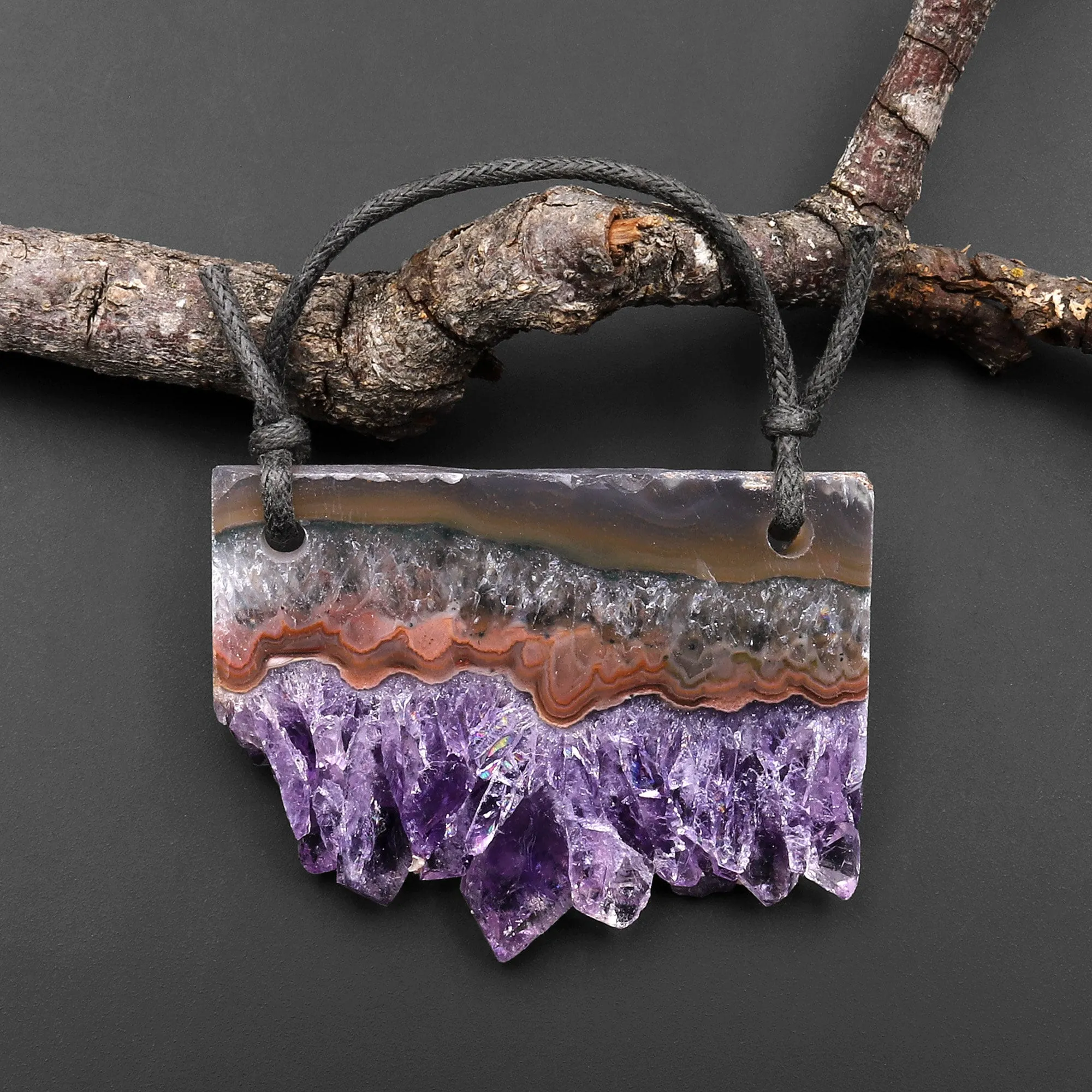 2 Hole Pendant Natural Amethyst Stalactite Druzy Pendant Drilled Flat Slice Long Rectangle