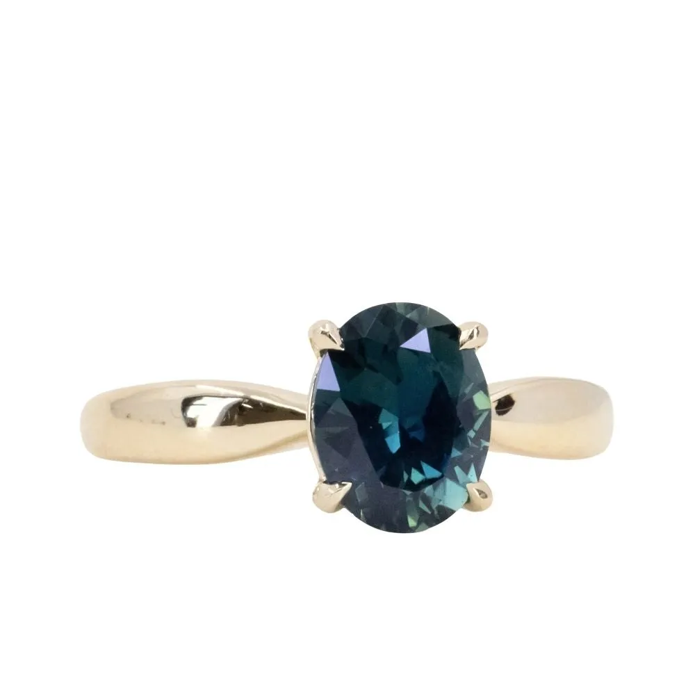 2.04ct Oval Untreated Nigerian Sapphire Low Profile 4 Prong Tapered Solitaire in 14k Yellow Gold