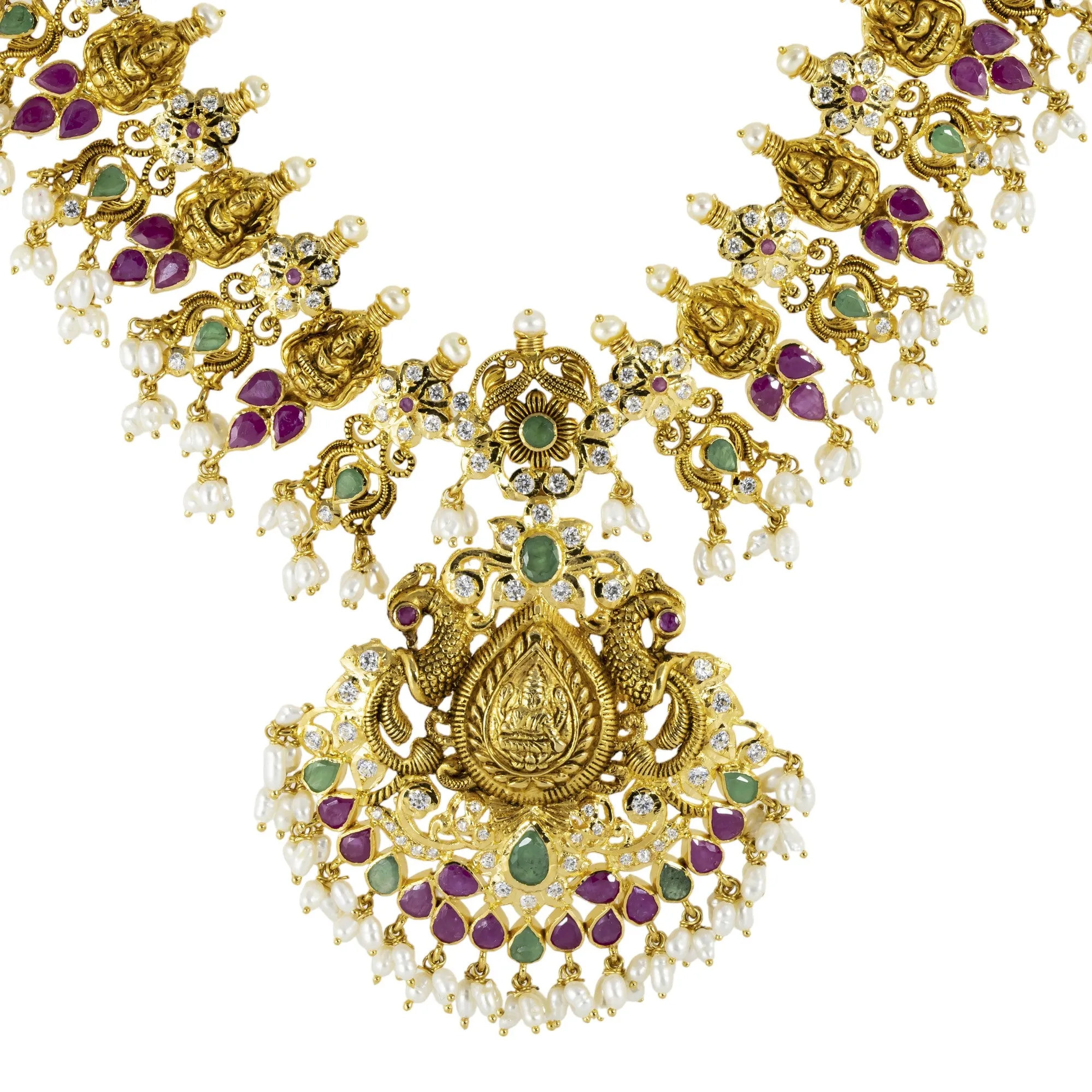 22K Antique Gold, Emerald, Ruby, Pearl, and CZ Temple Necklace Set (141.2gm)