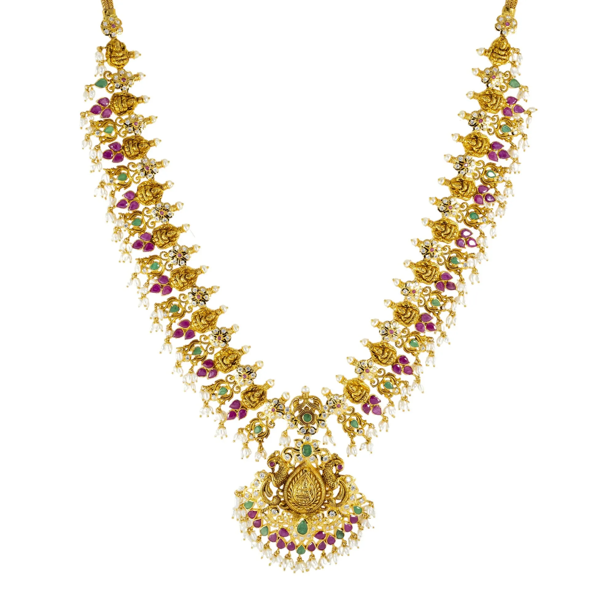 22K Antique Gold, Emerald, Ruby, Pearl, and CZ Temple Necklace Set (141.2gm)