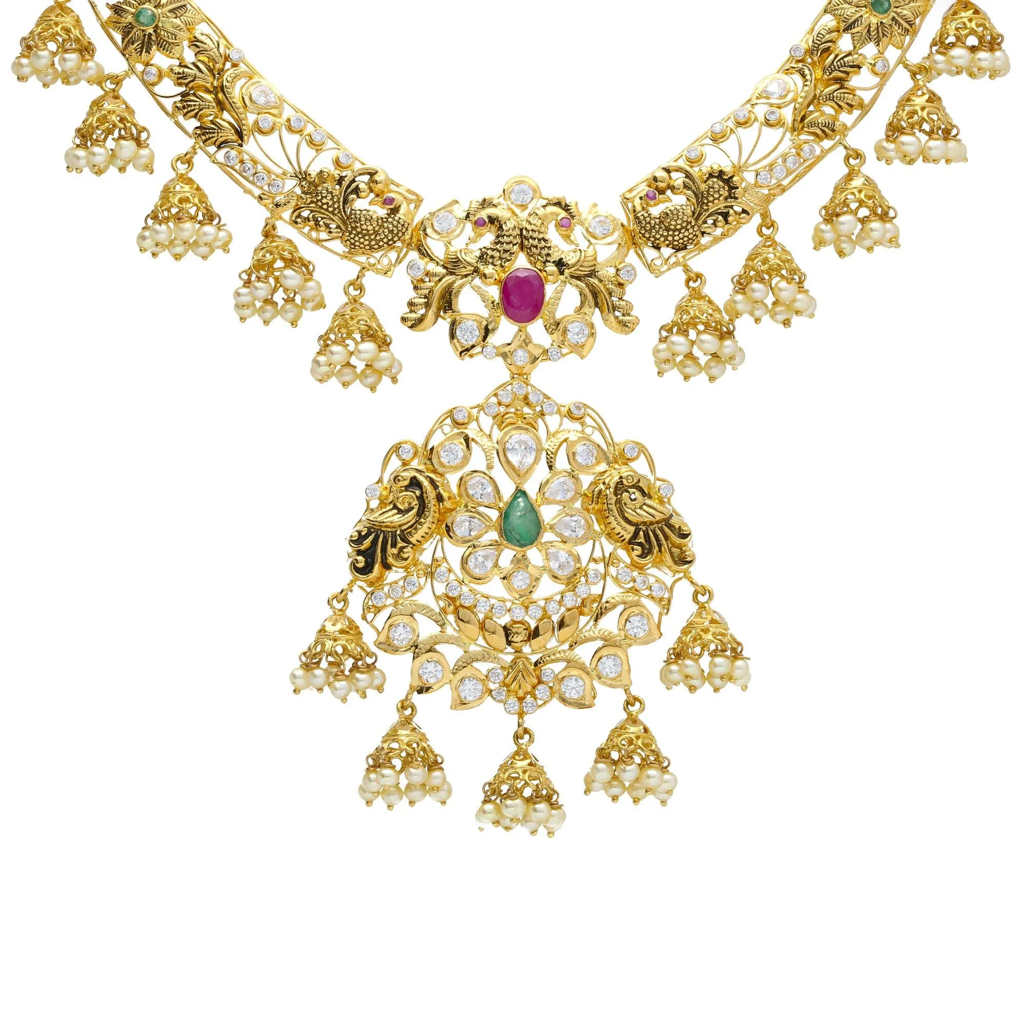 22K Yellow Antique Gold Necklace & Chandbali Earrings Set W/ Pachi CZ, Rubies, Emeralds, Pearls & Jhumki Accented Pendant