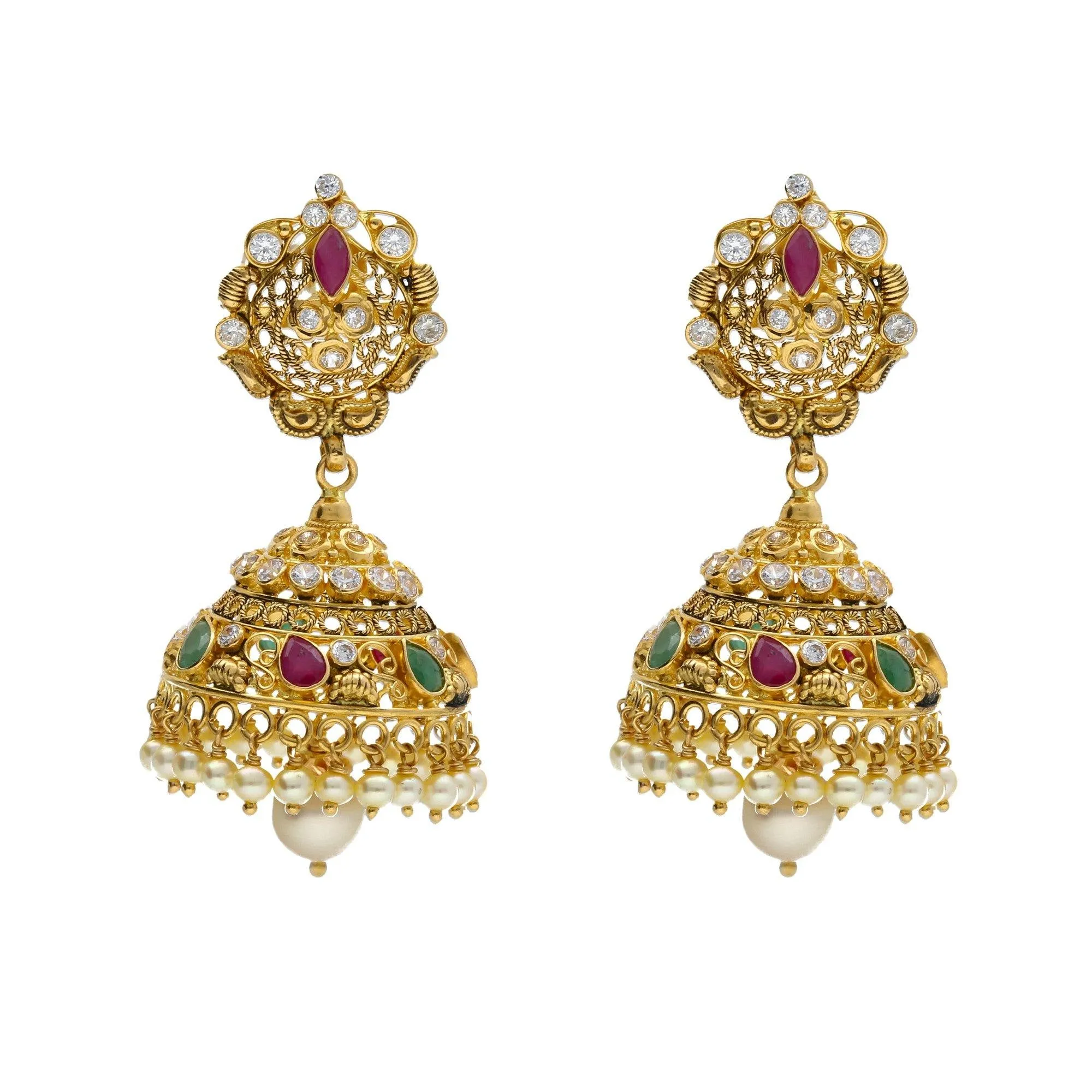 22K Yellow Antique Gold Necklace & Chandbali Earrings Set W/ Pachi CZ, Rubies, Emeralds, Pearls & Jhumki Accented Pendant