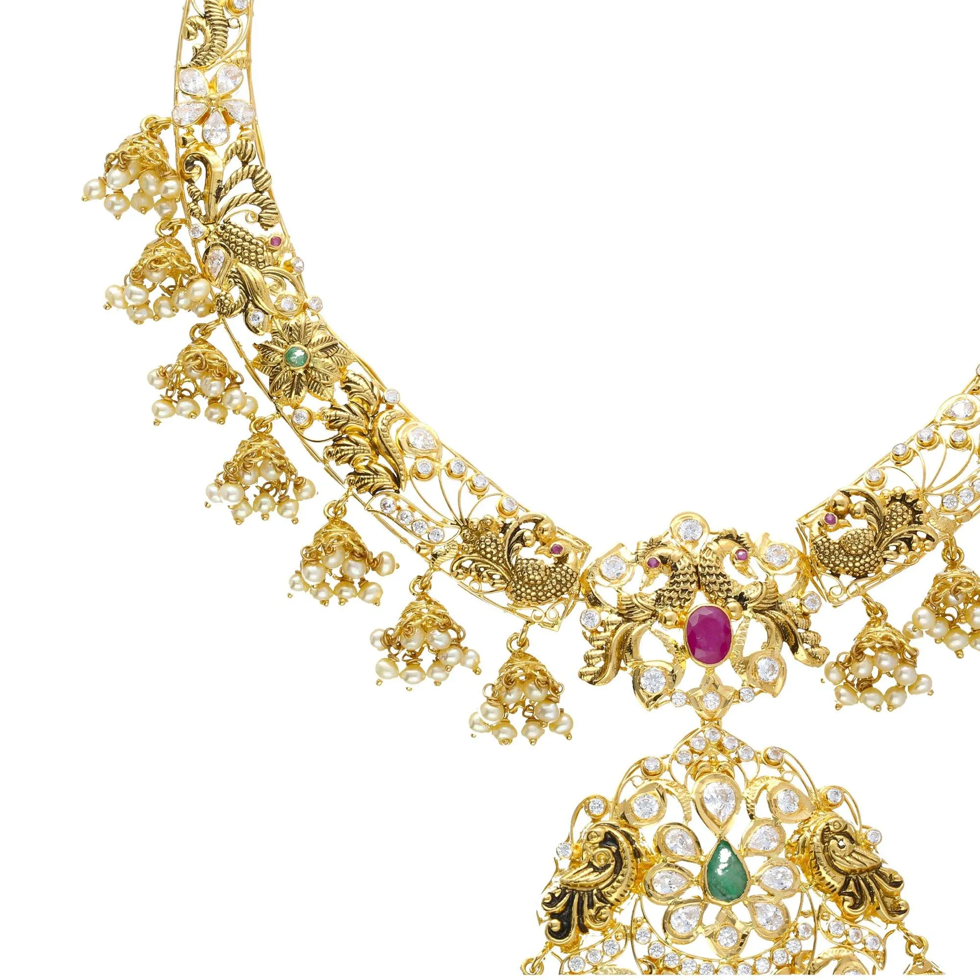 22K Yellow Antique Gold Necklace & Chandbali Earrings Set W/ Pachi CZ, Rubies, Emeralds, Pearls & Jhumki Accented Pendant