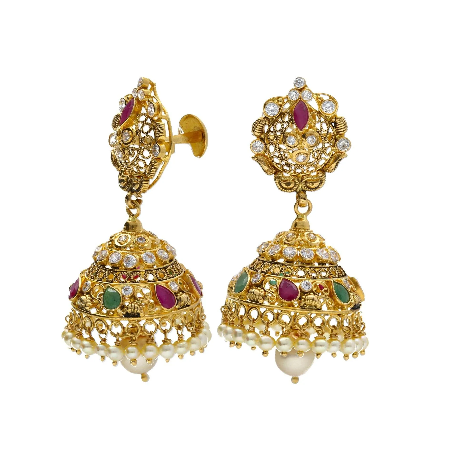 22K Yellow Antique Gold Necklace & Chandbali Earrings Set W/ Pachi CZ, Rubies, Emeralds, Pearls & Jhumki Accented Pendant