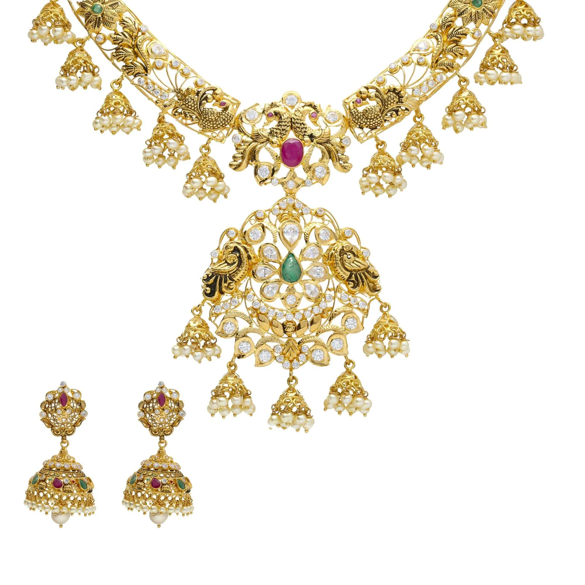 22K Yellow Antique Gold Necklace & Chandbali Earrings Set W/ Pachi CZ, Rubies, Emeralds, Pearls & Jhumki Accented Pendant