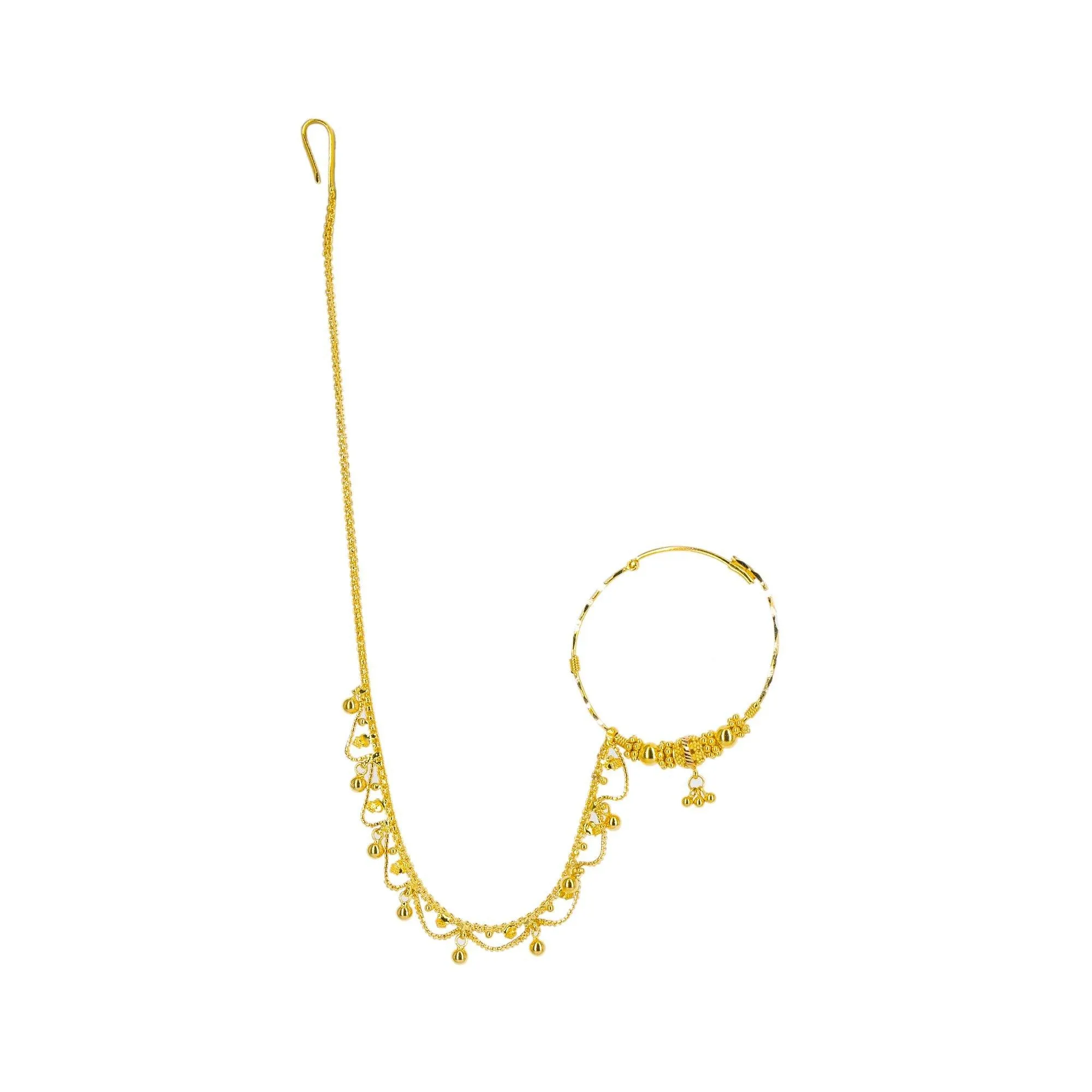 22K Yellow Gold Long Necklace & Earrings Set W/ Nath Nose Ring & Filigree Designs