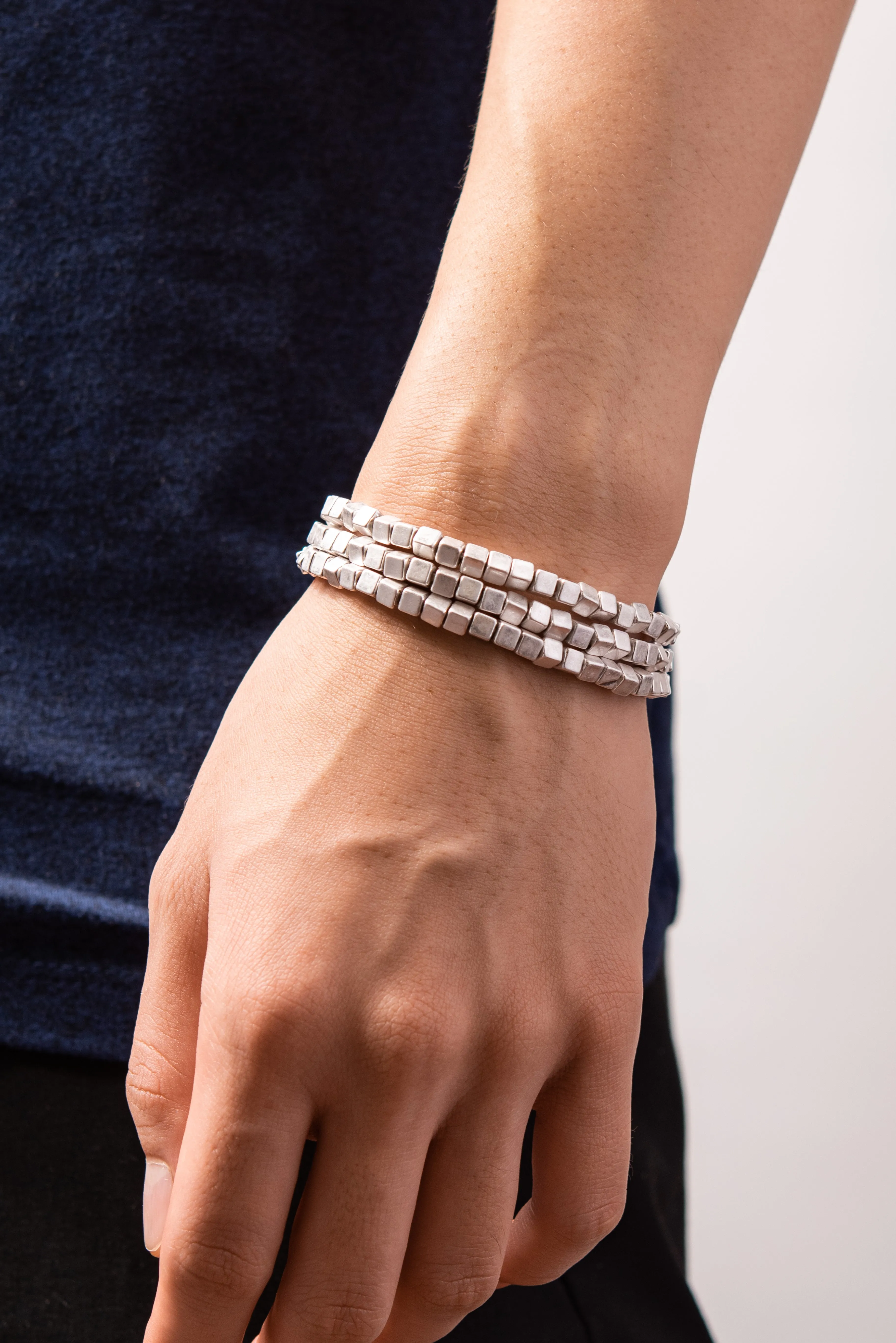 3-Piece Cubed Metal Bead Bracelet - Silver