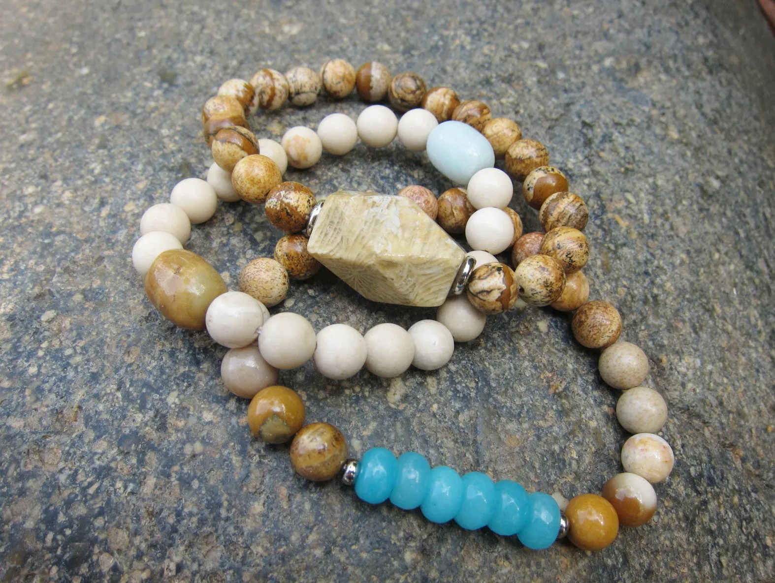 3 piece set - River Stone, Fossil Coral, Teal Blue Jade Mala Bracelets