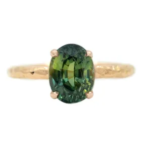 3.07ct Oval Green Parti Sapphire Low Profile 4 Prong Solitaire in 14k Rose Gold