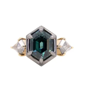 3.47ct Elongated Hexagon Deep Teal Sapphire and Salt and Pepper Diamond Three Stone Ring in 18k Yellow and Blackened Gold