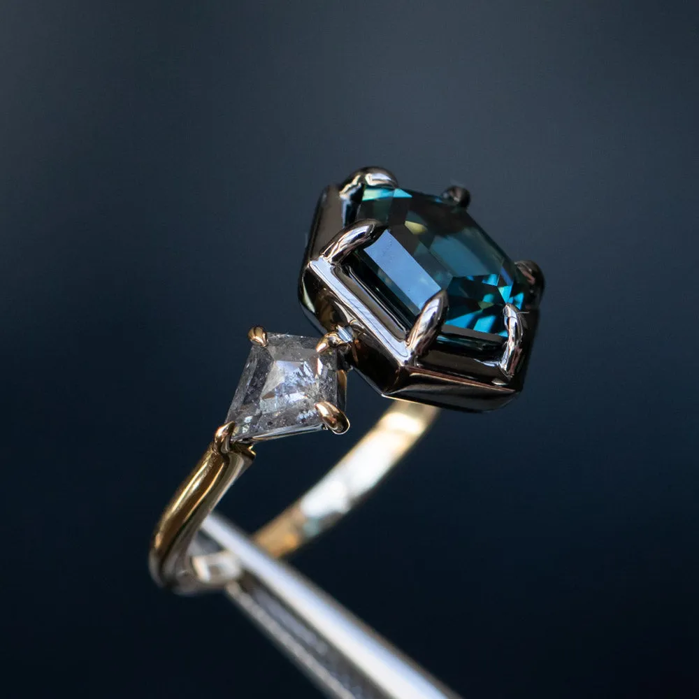 3.47ct Elongated Hexagon Deep Teal Sapphire and Salt and Pepper Diamond Three Stone Ring in 18k Yellow and Blackened Gold