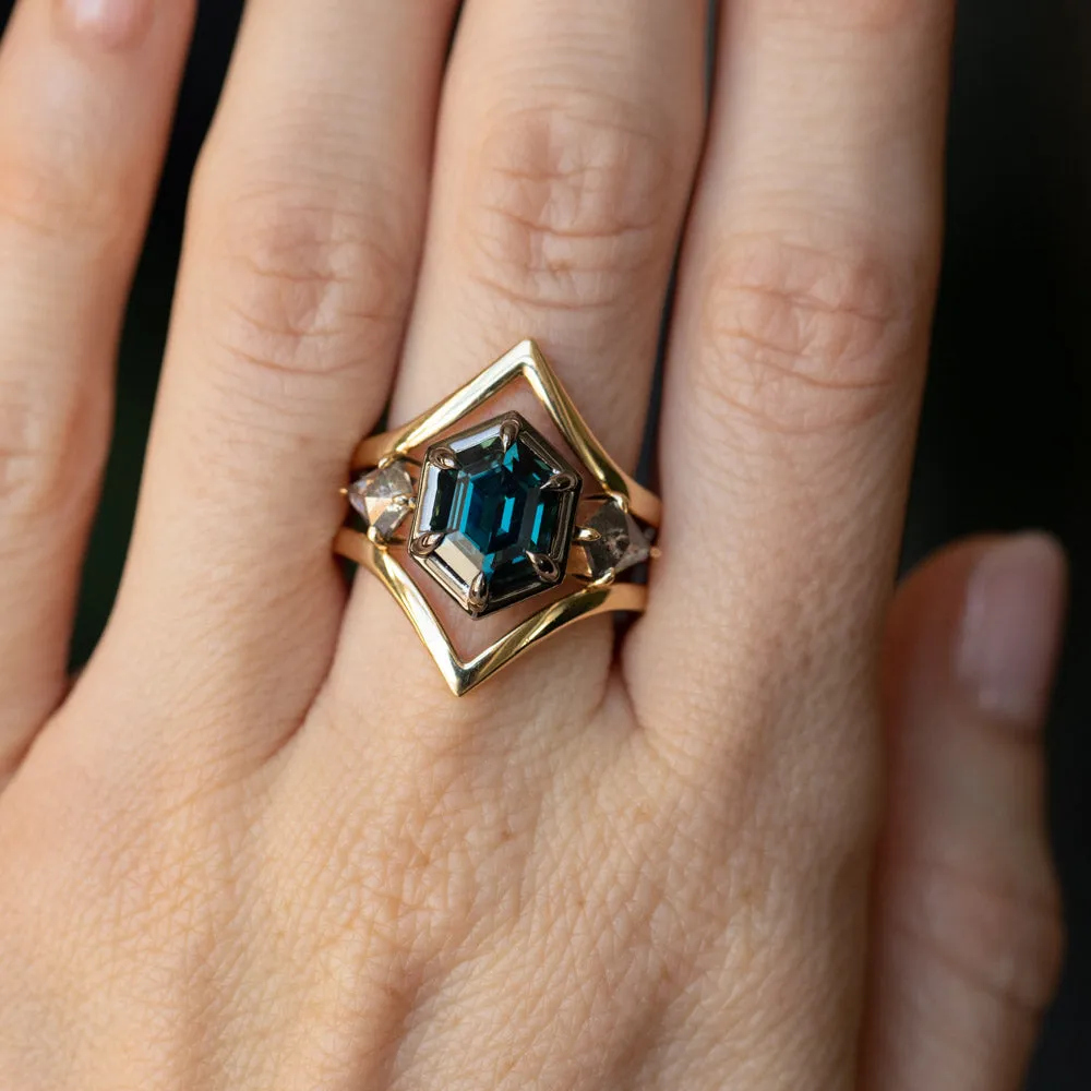 3.47ct Elongated Hexagon Deep Teal Sapphire and Salt and Pepper Diamond Three Stone Ring in 18k Yellow and Blackened Gold