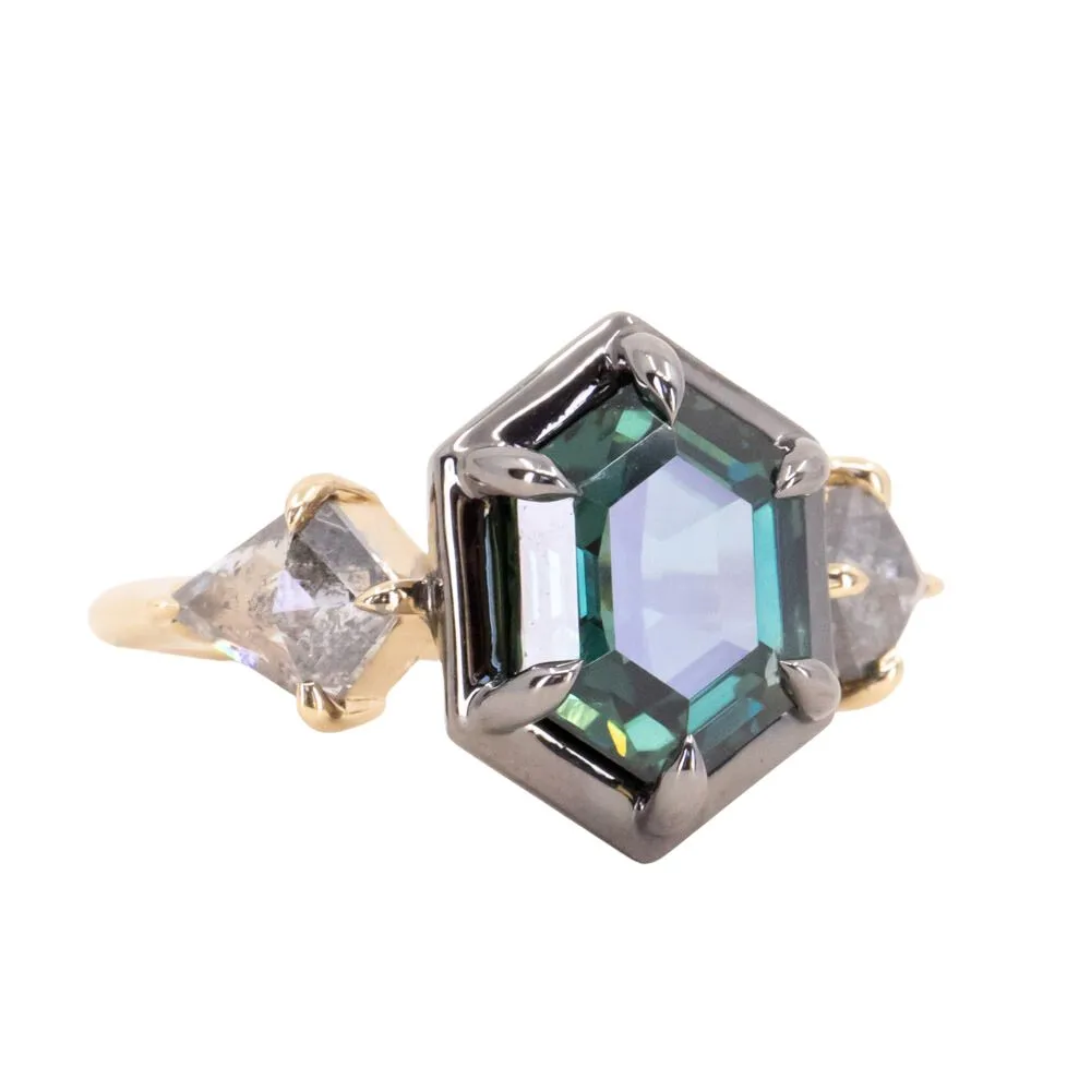 3.47ct Elongated Hexagon Deep Teal Sapphire and Salt and Pepper Diamond Three Stone Ring in 18k Yellow and Blackened Gold