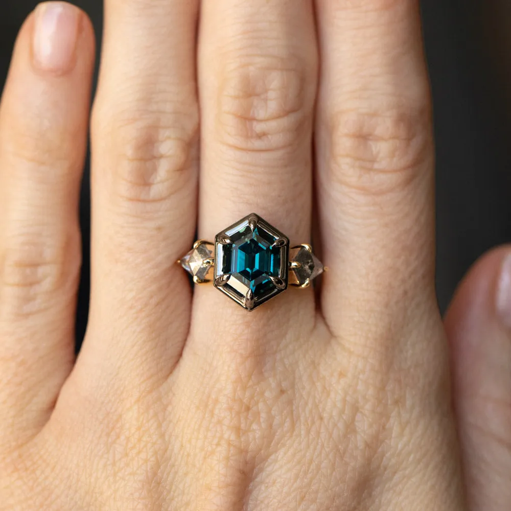 3.47ct Elongated Hexagon Deep Teal Sapphire and Salt and Pepper Diamond Three Stone Ring in 18k Yellow and Blackened Gold