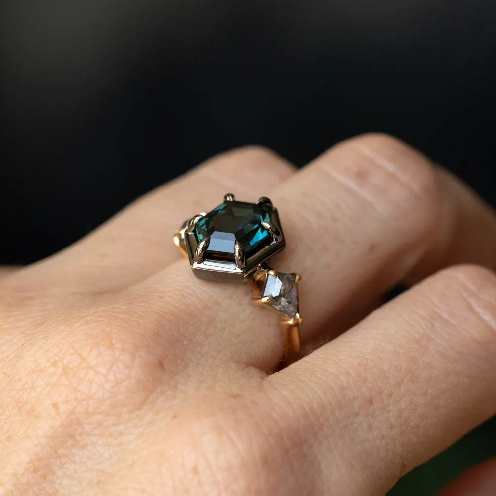 3.47ct Elongated Hexagon Deep Teal Sapphire and Salt and Pepper Diamond Three Stone Ring in 18k Yellow and Blackened Gold