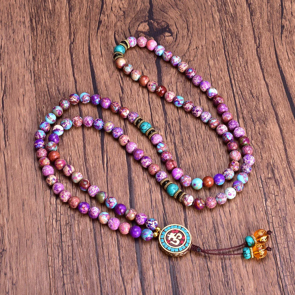 8mm Violet Imperial Jasper Turquoise 108 Mala Necklace