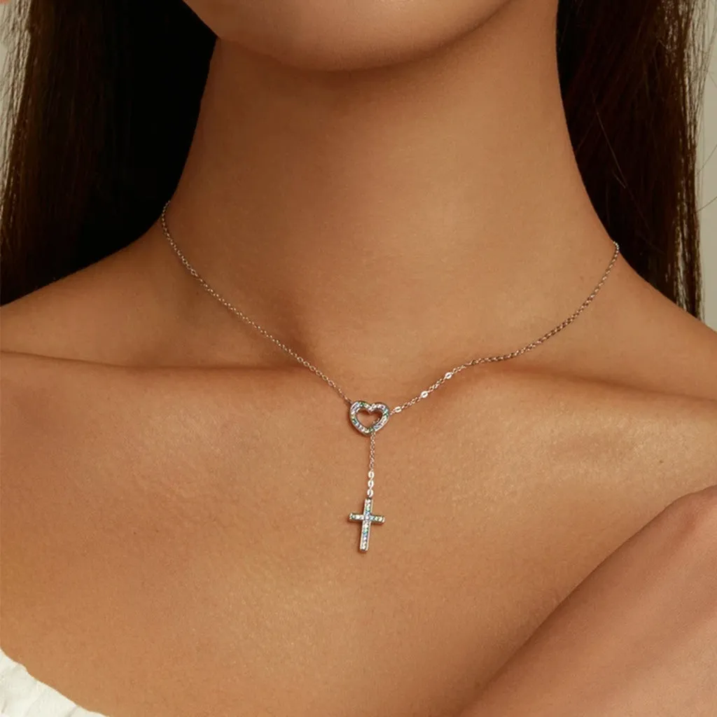 925 Sterling Silver Colorful Crystal Cross Pendant with Heart Charm Necklace