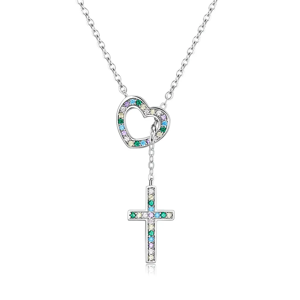 925 Sterling Silver Colorful Crystal Cross Pendant with Heart Charm Necklace