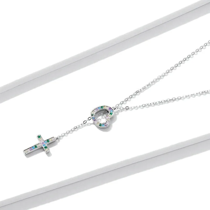 925 Sterling Silver Colorful Crystal Cross Pendant with Heart Charm Necklace