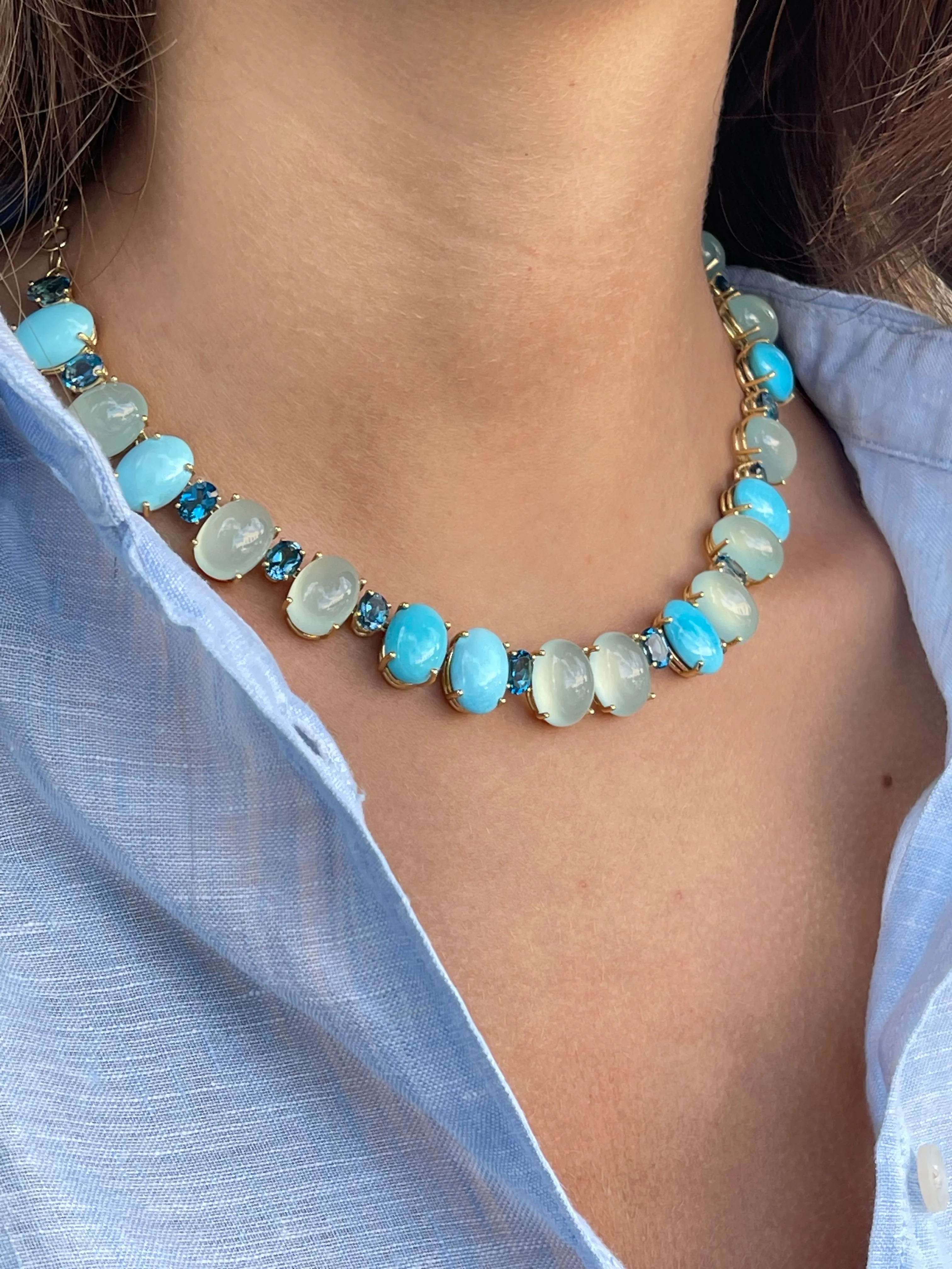 A & Furst - Bonbon - Necklace with Chalcedony, Turquoise and London Blue Topaz, 18k Yellow Gold