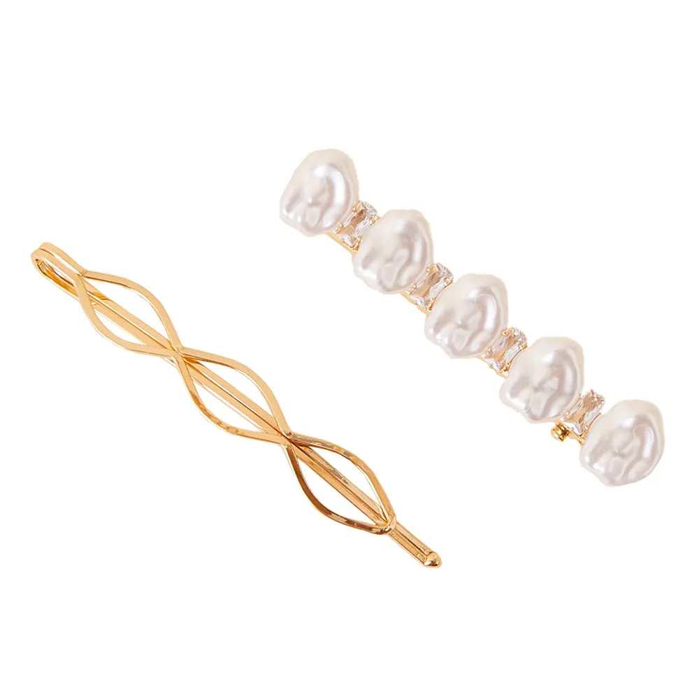 Accessorize London Women's Gold Mixed pearl hair slides set of  2