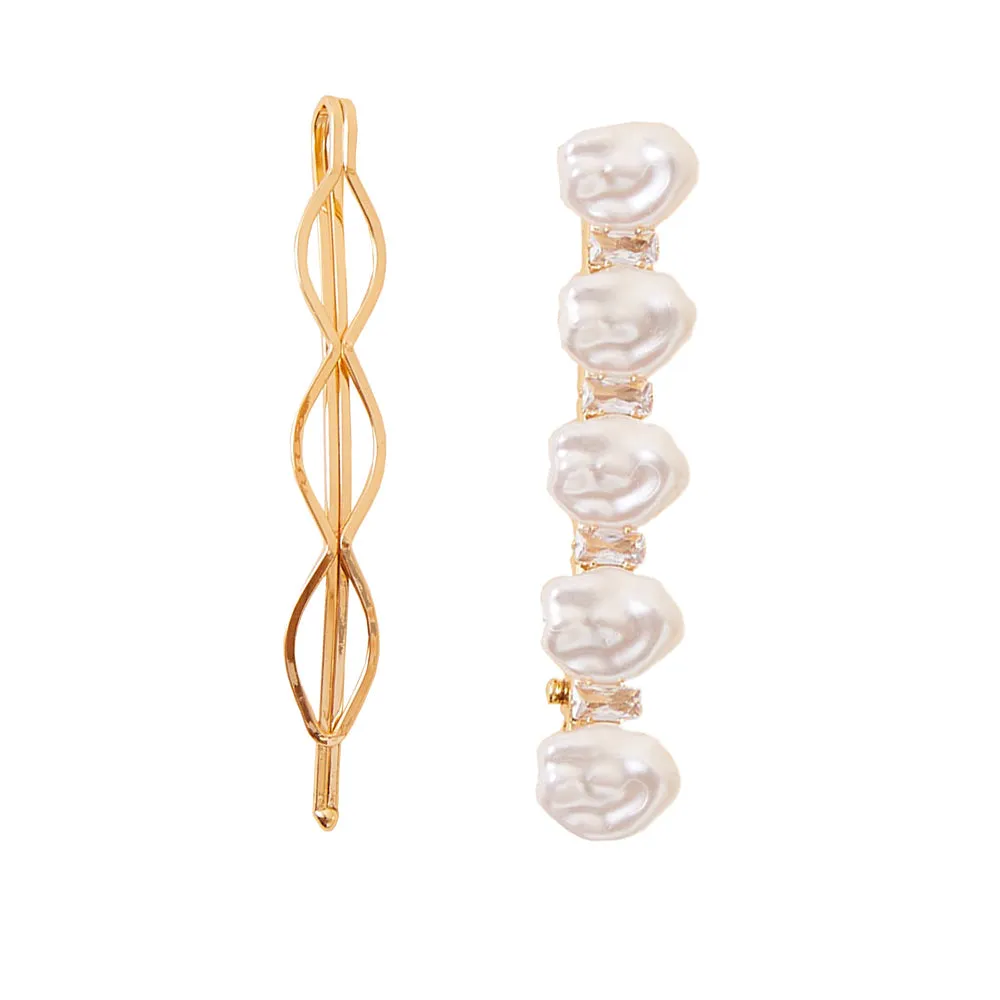 Accessorize London Women's Gold Mixed pearl hair slides set of  2