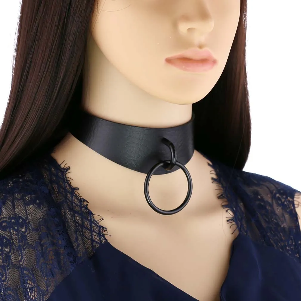 Adjustable Black Metal Ring Choker Collar Leather Gothic Punk Harajuku Necklace