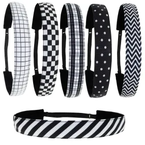 Adjustable No Slip Headbands - Black & White 6 Pack