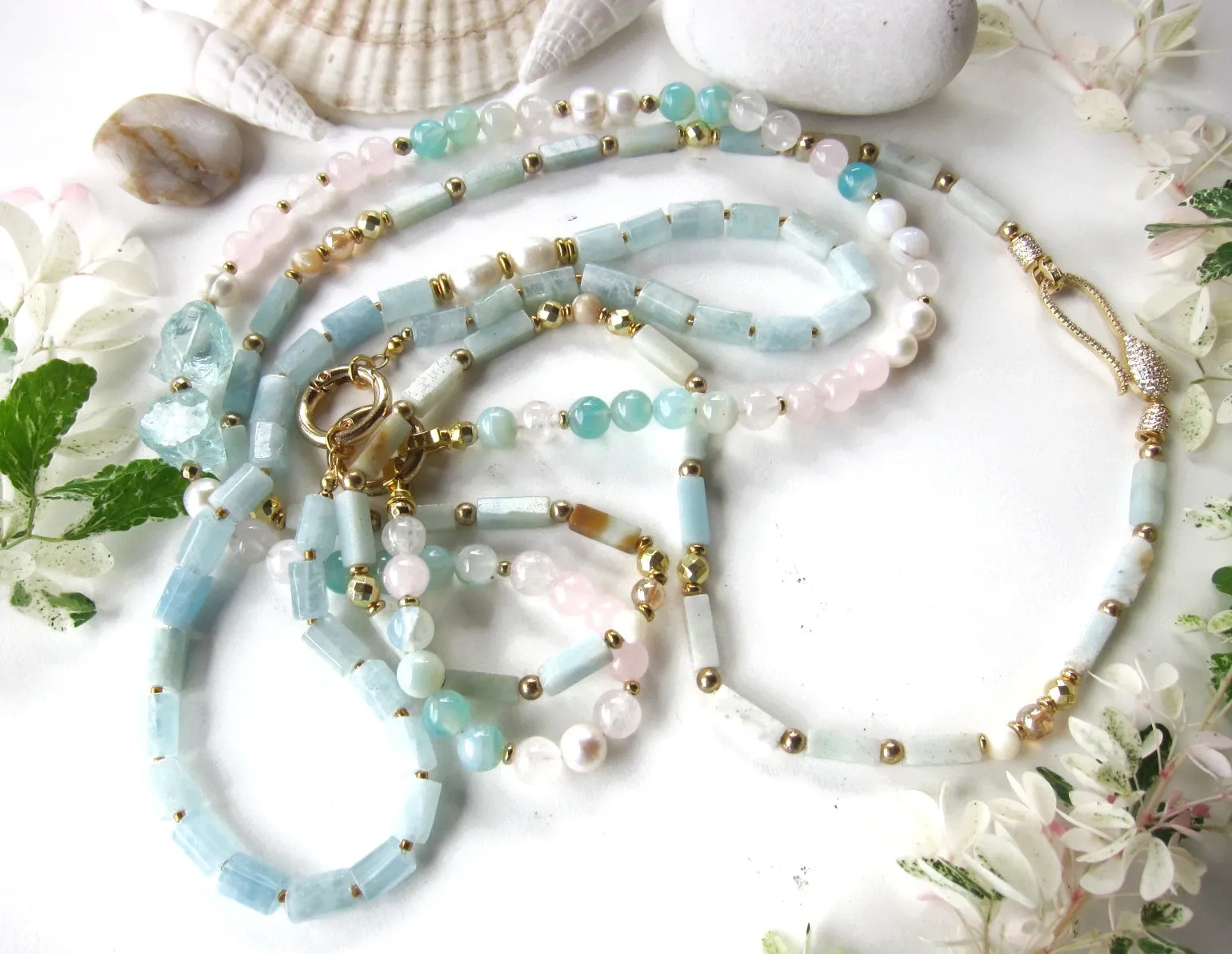 Amazonite and Mother of Pearl Necklace - finished in Gold Platinum CZ Clasp