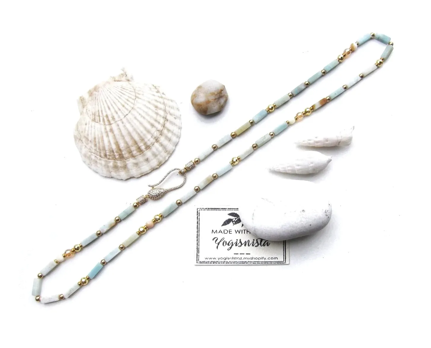 Amazonite and Mother of Pearl Necklace - finished in Gold Platinum CZ Clasp