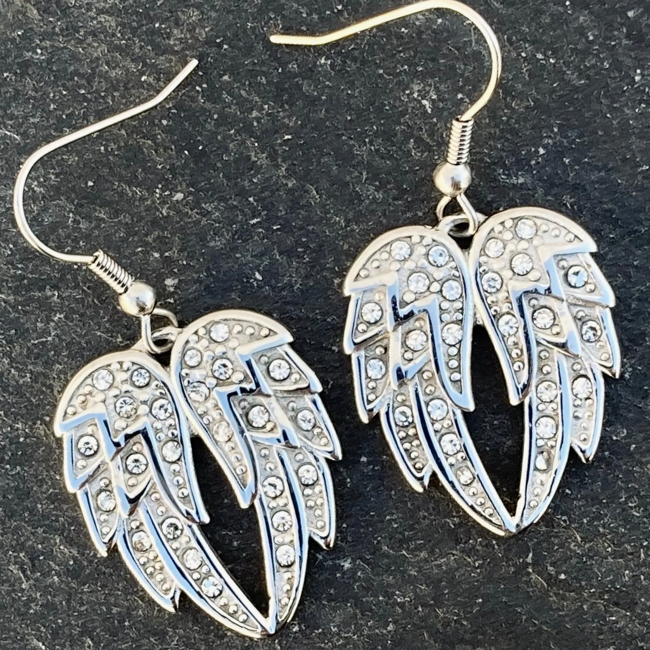 Angel Heart Wing - Double Wings - Earrings - Silver w/White Stone -  SK2608E