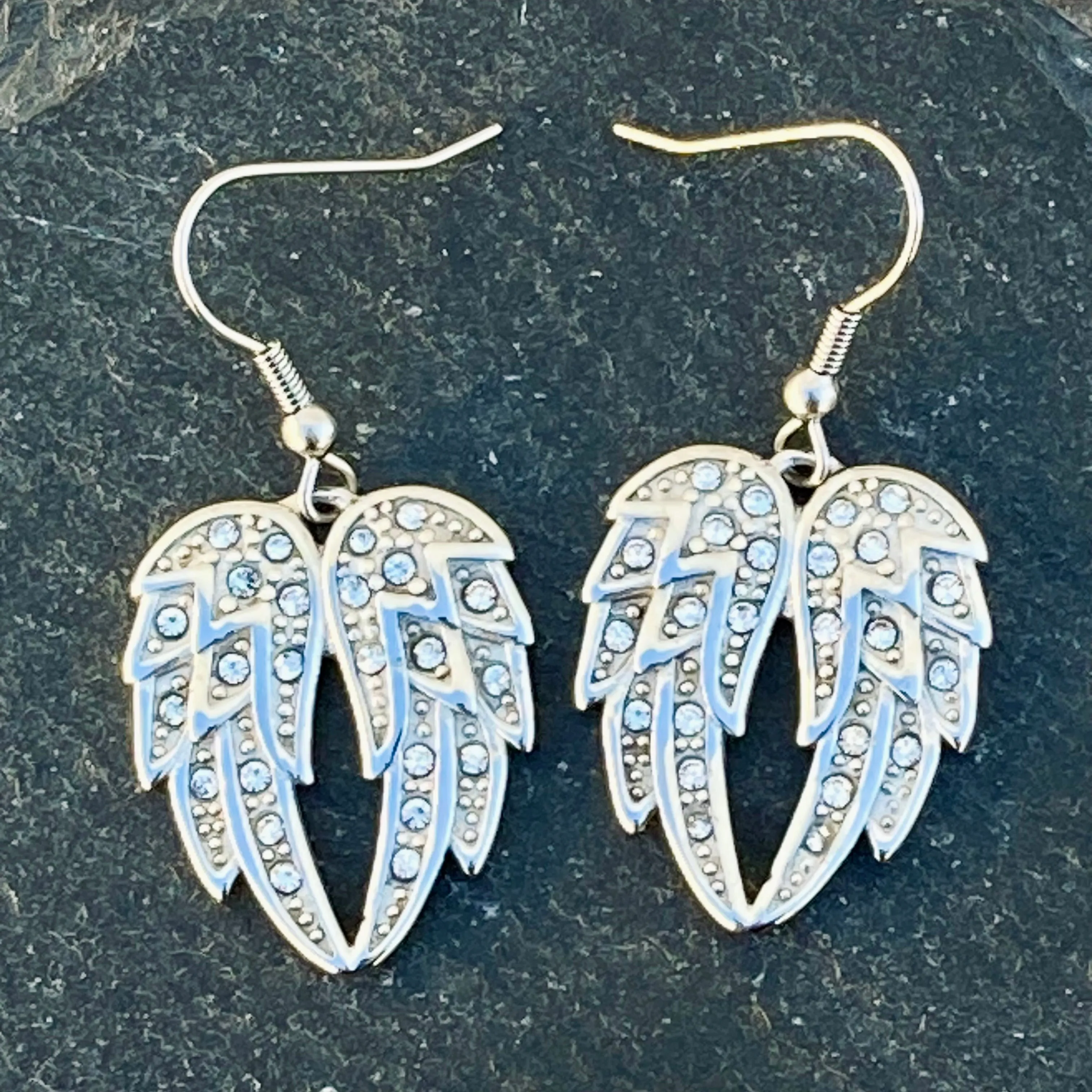 Angel Heart Wing - Double Wings - Earrings - Silver w/White Stone -  SK2608E