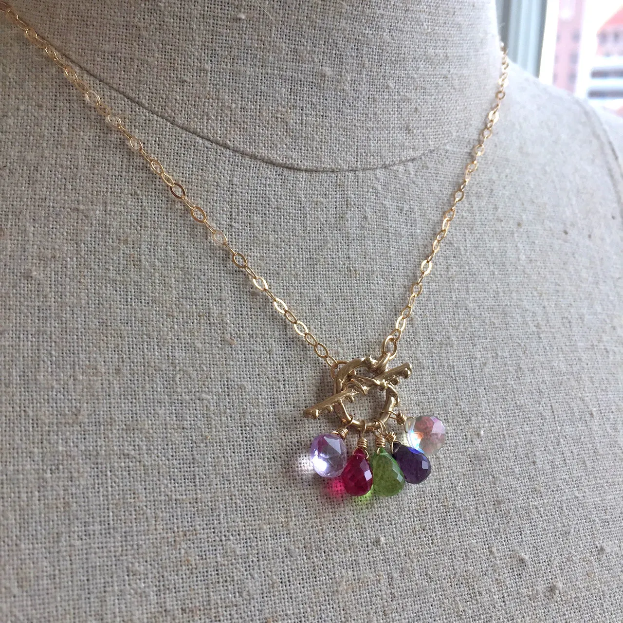 Anniversary Toggle Necklace, Amethyst, Quartz, Fire Moonstone