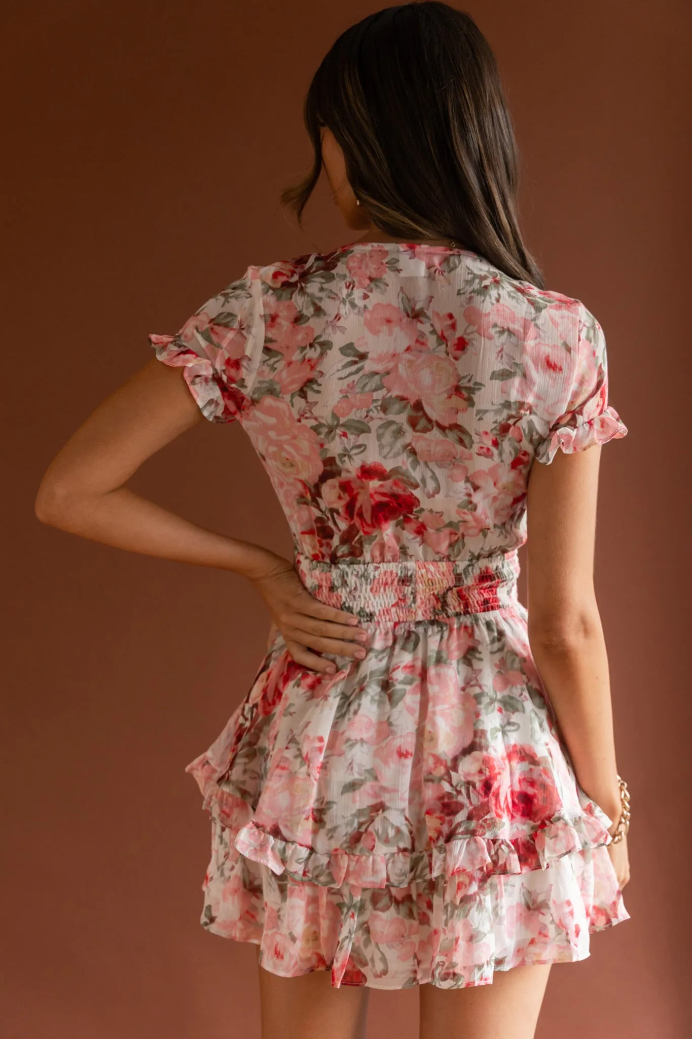 Anthea Bow-Tie Front Layered Frill Dress Floral Print Pink