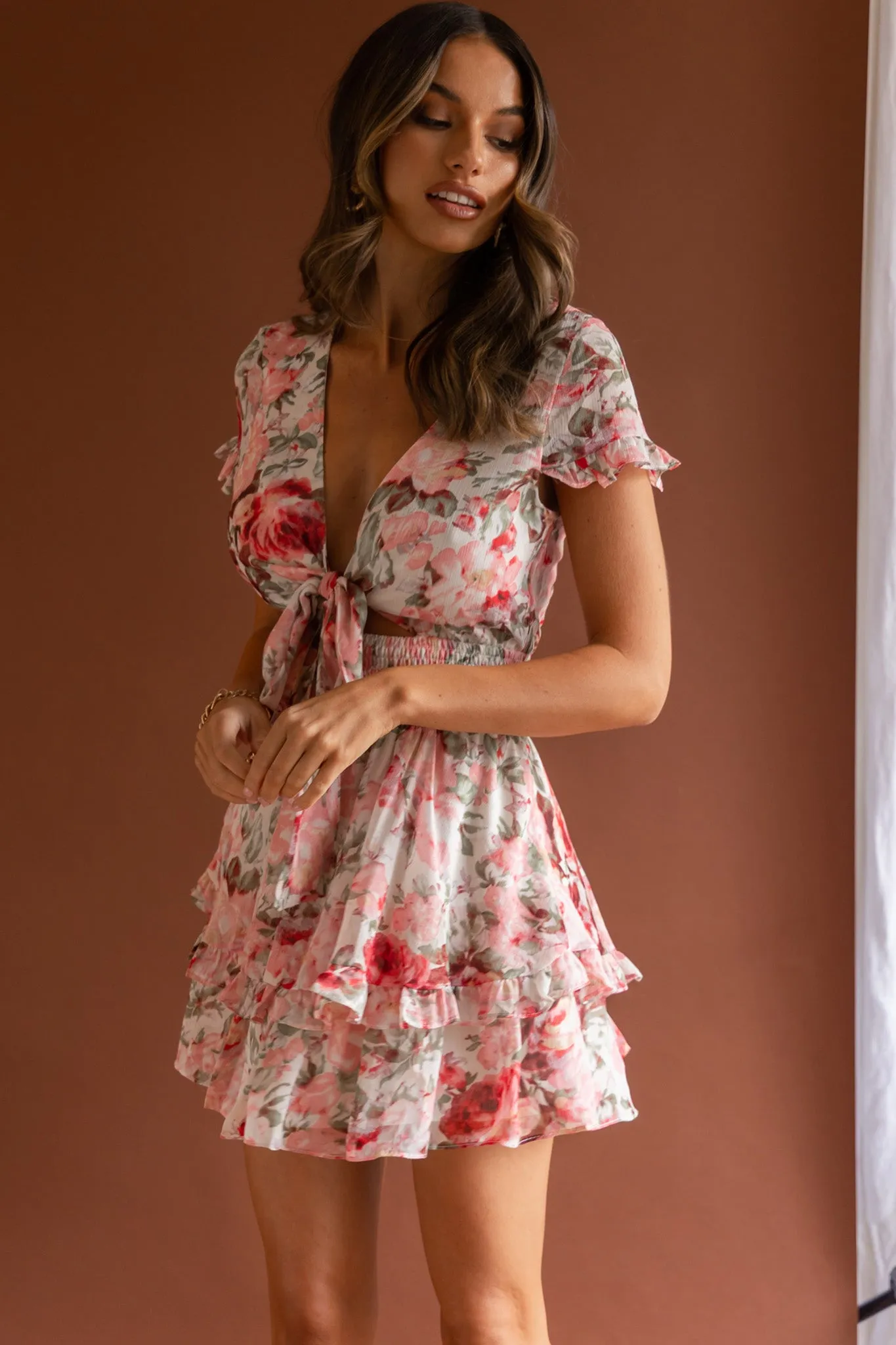 Anthea Bow-Tie Front Layered Frill Dress Floral Print Pink