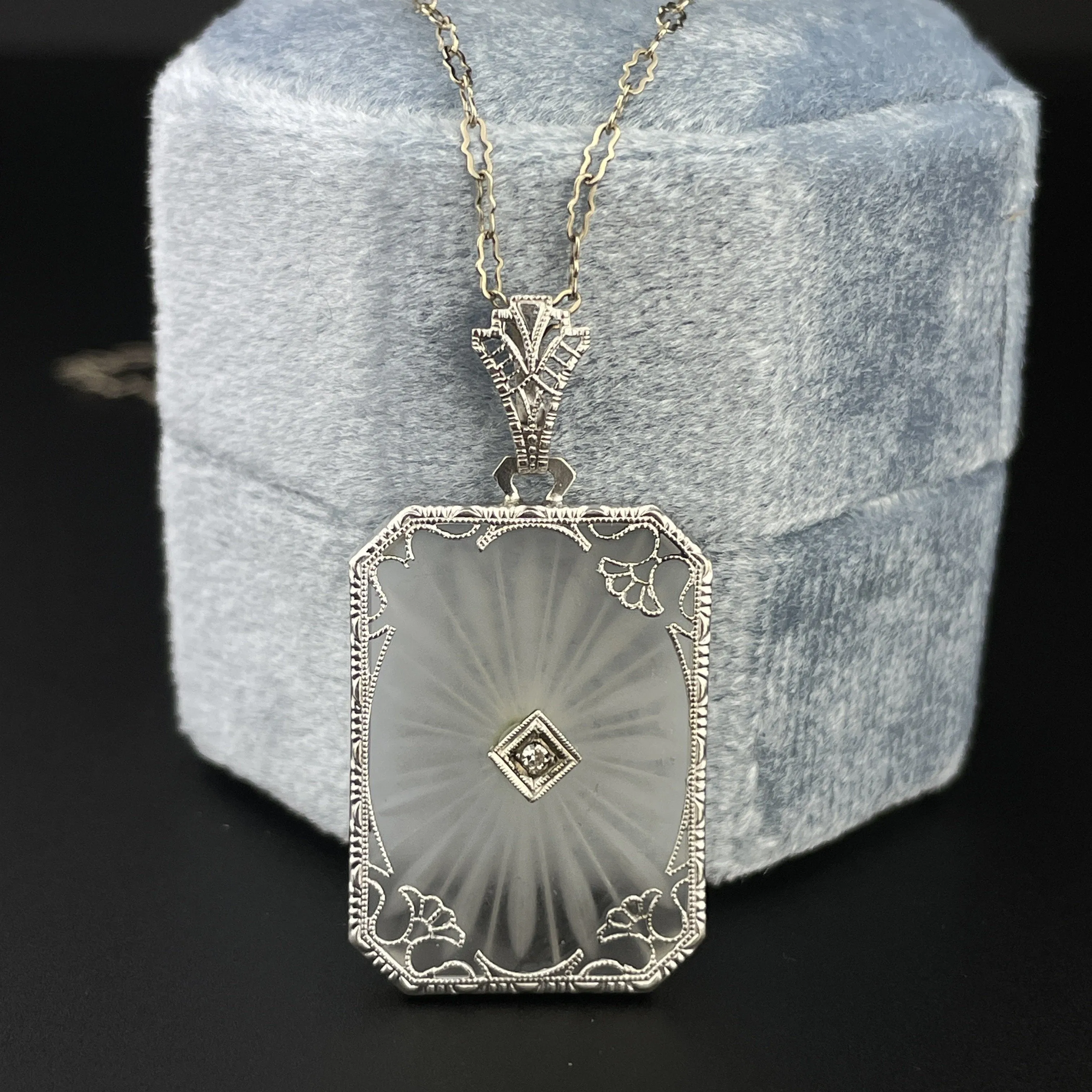 Antique Art Deco 14K White Gold Camphor Glass Diamond Rock Crystal Necklace