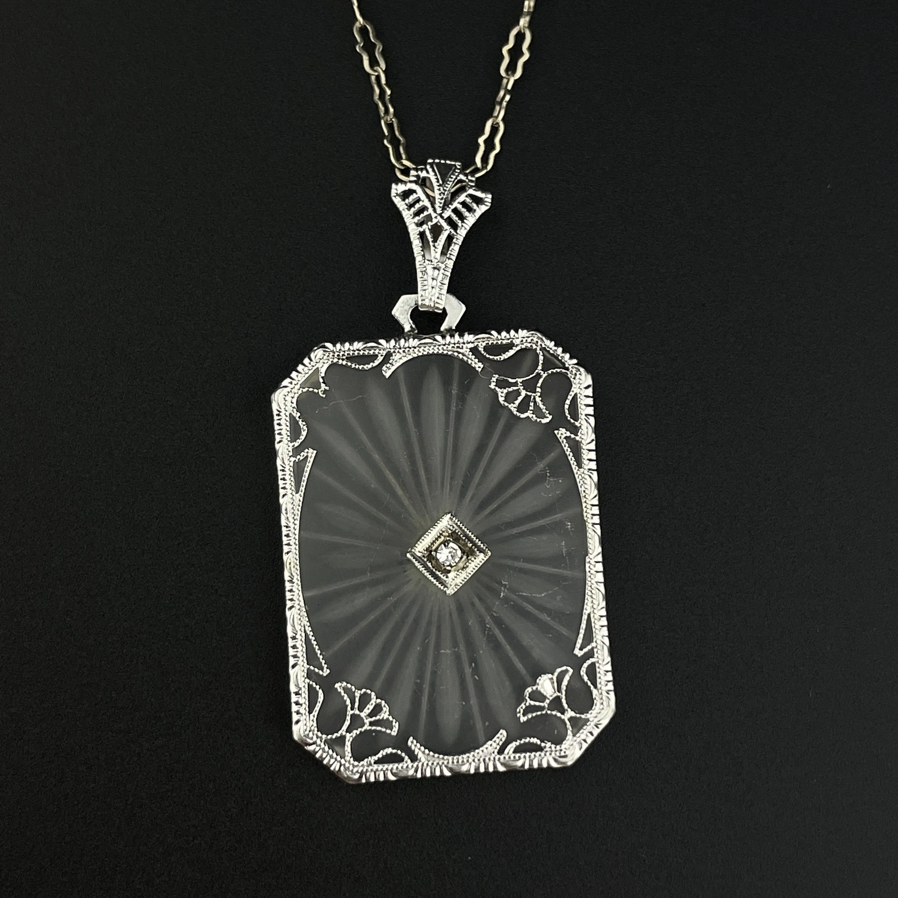 Antique Art Deco 14K White Gold Camphor Glass Diamond Rock Crystal Necklace