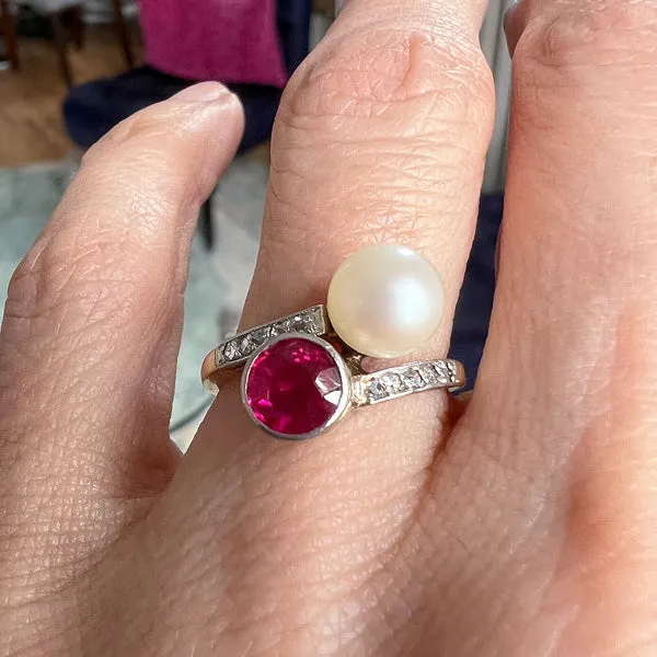 Antique Sythetic Ruby & Pearl Toi et Moi Ring