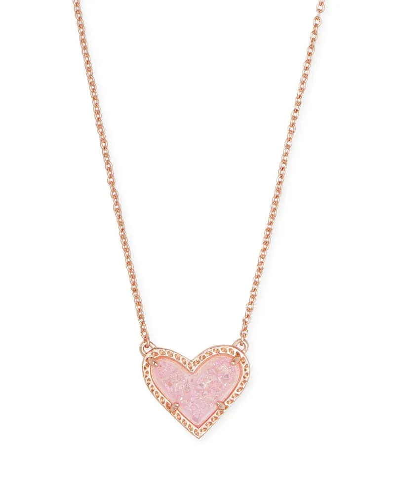 Ari Heart Short Pendant Necklace Rose Gold Pink Drusy by Kendra Scott