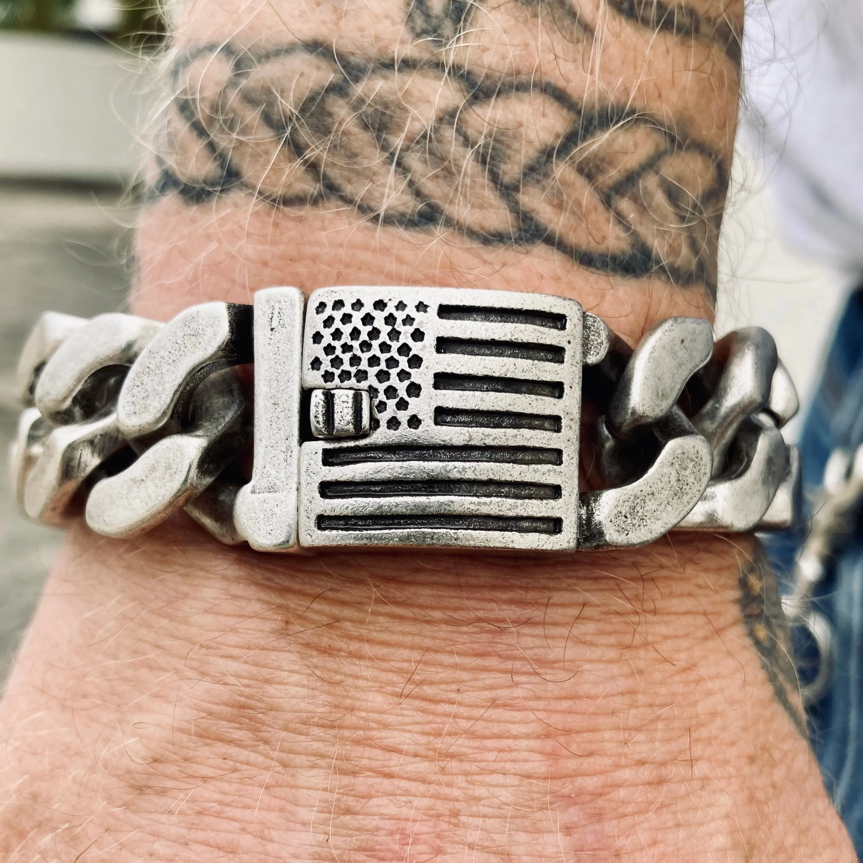 Bagger Bracelet - EASY BIKER - American Flag Brushed - 3/4 wide - B124