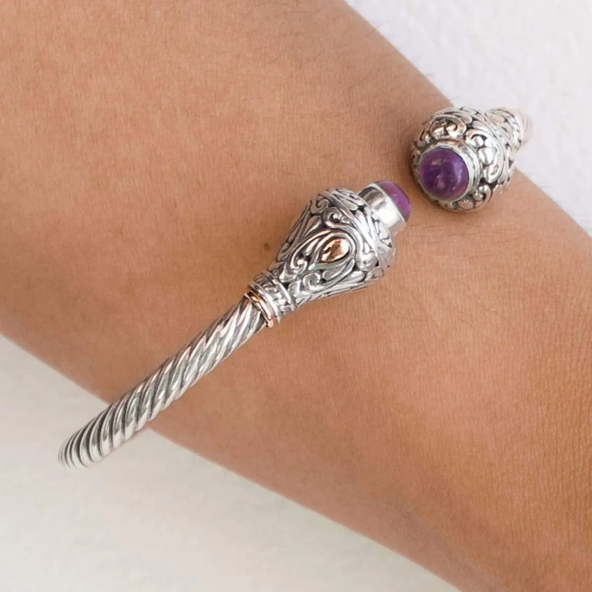 Bali Amethyst Cable Silver Bracelet, Gemstone Bracelet, Handmade Jewelry, Gift