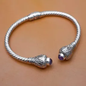 Bali Amethyst Cable Silver Bracelet, Gemstone Bracelet, Handmade Jewelry, Gift