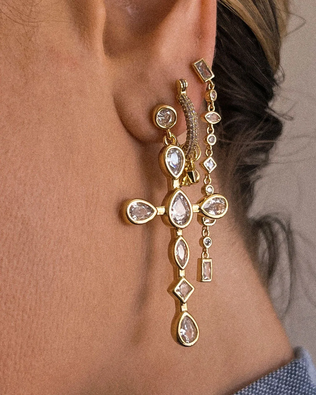 Bezel Stone Cross Studs- Gold